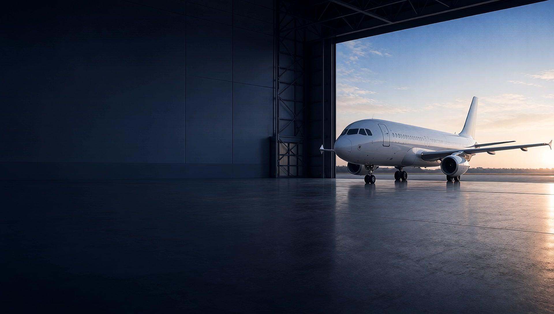 Unbranded commercial aircraft advancing into a hangar at dawn
