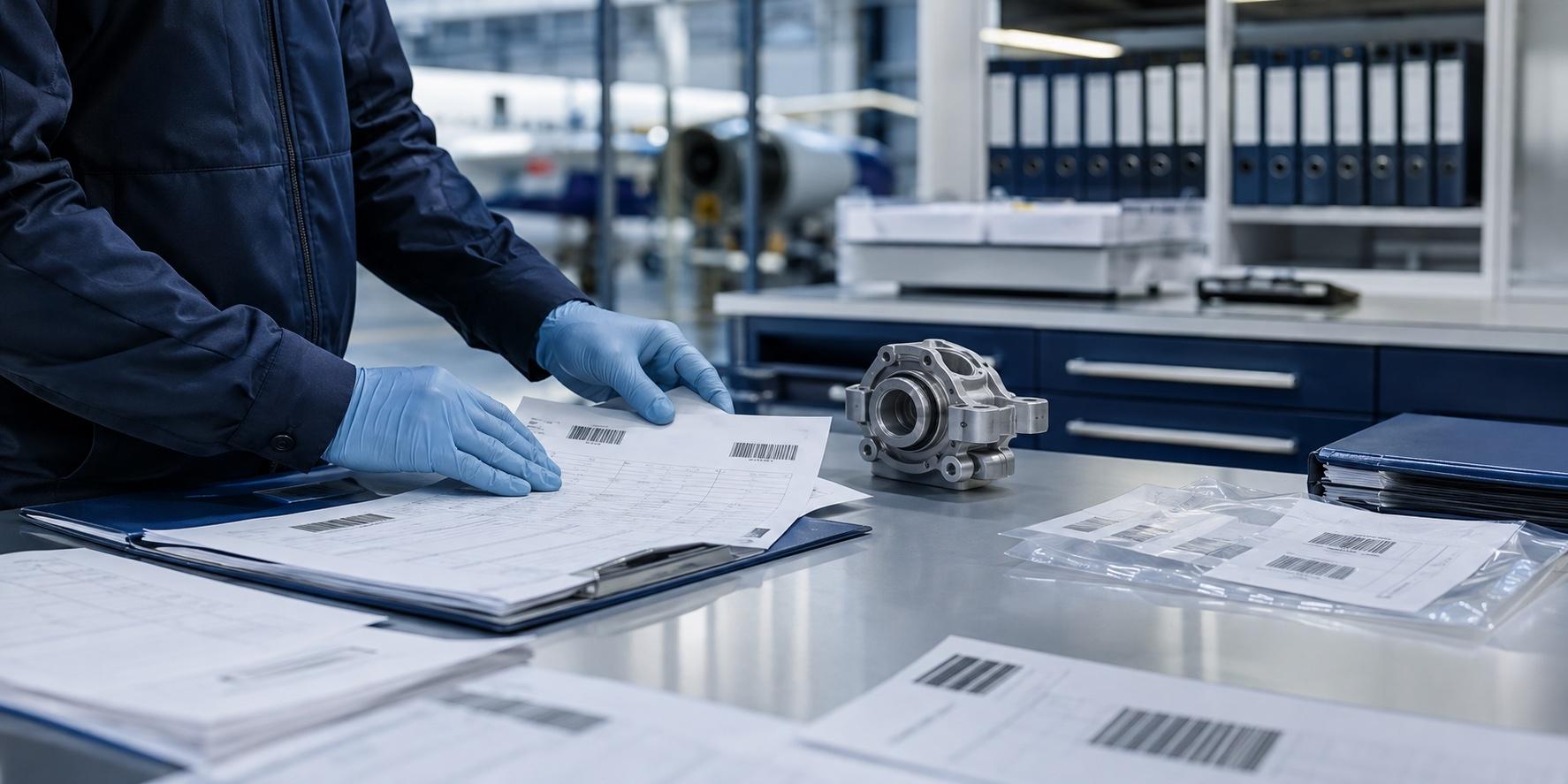 Aviation specialist reviewing component traceability paperwork